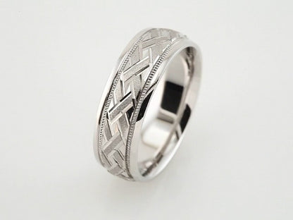 14K White Gold Milgrain Woven-Design Comfort-Fit Half Round Band