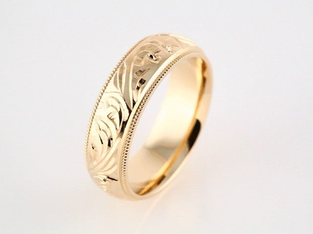 14K Yellow Gold Hand-Engraved Milgrain Stepped-Edge Sculptural Comfort-Fit Half Round Band