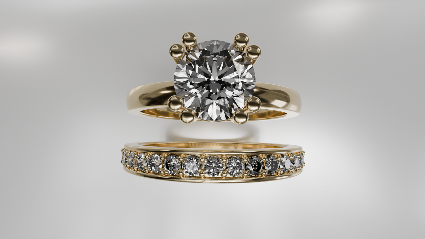 Classic Solitaire Engagement Ring and Diamond Pave Wedding Band Set
