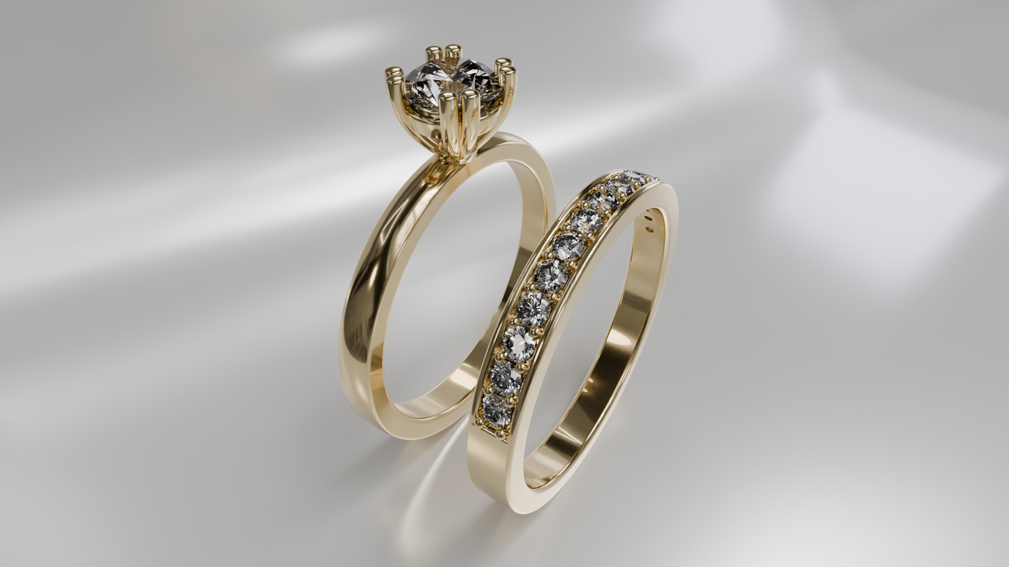 Classic Solitaire Engagement Ring and Diamond Pave Wedding Band Set