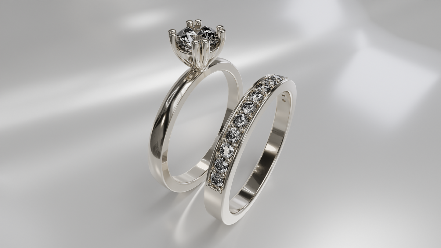 Classic Solitaire Engagement Ring and Diamond Pave Wedding Band Set