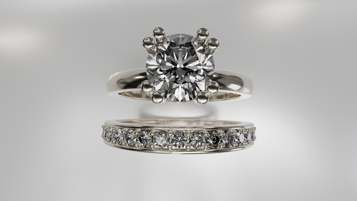 Classic Solitaire Engagement Ring and Diamond Pave Wedding Band Set